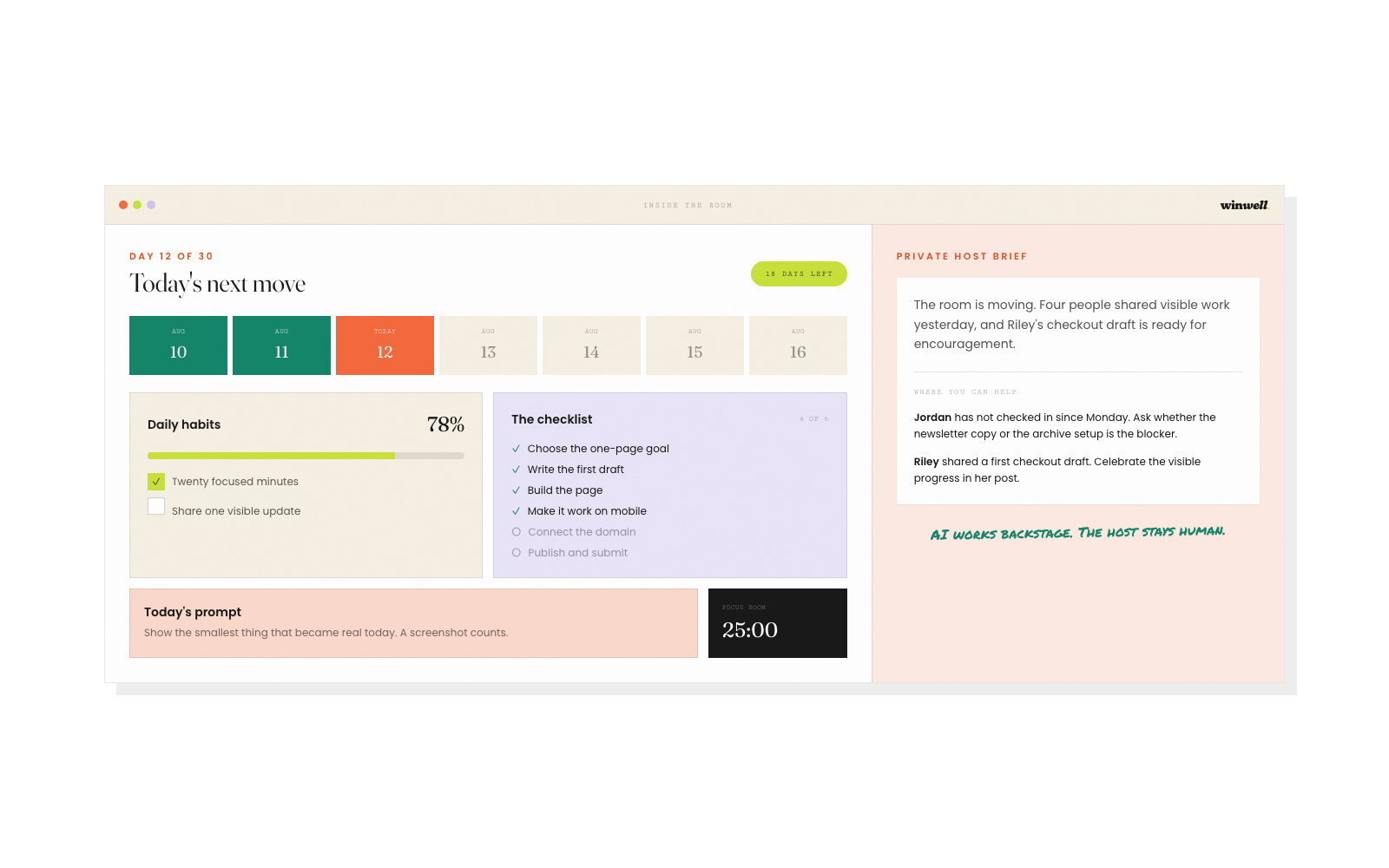 Winwell accountability app showing a room's daily habits, checklist, focus timer, and private host guidance