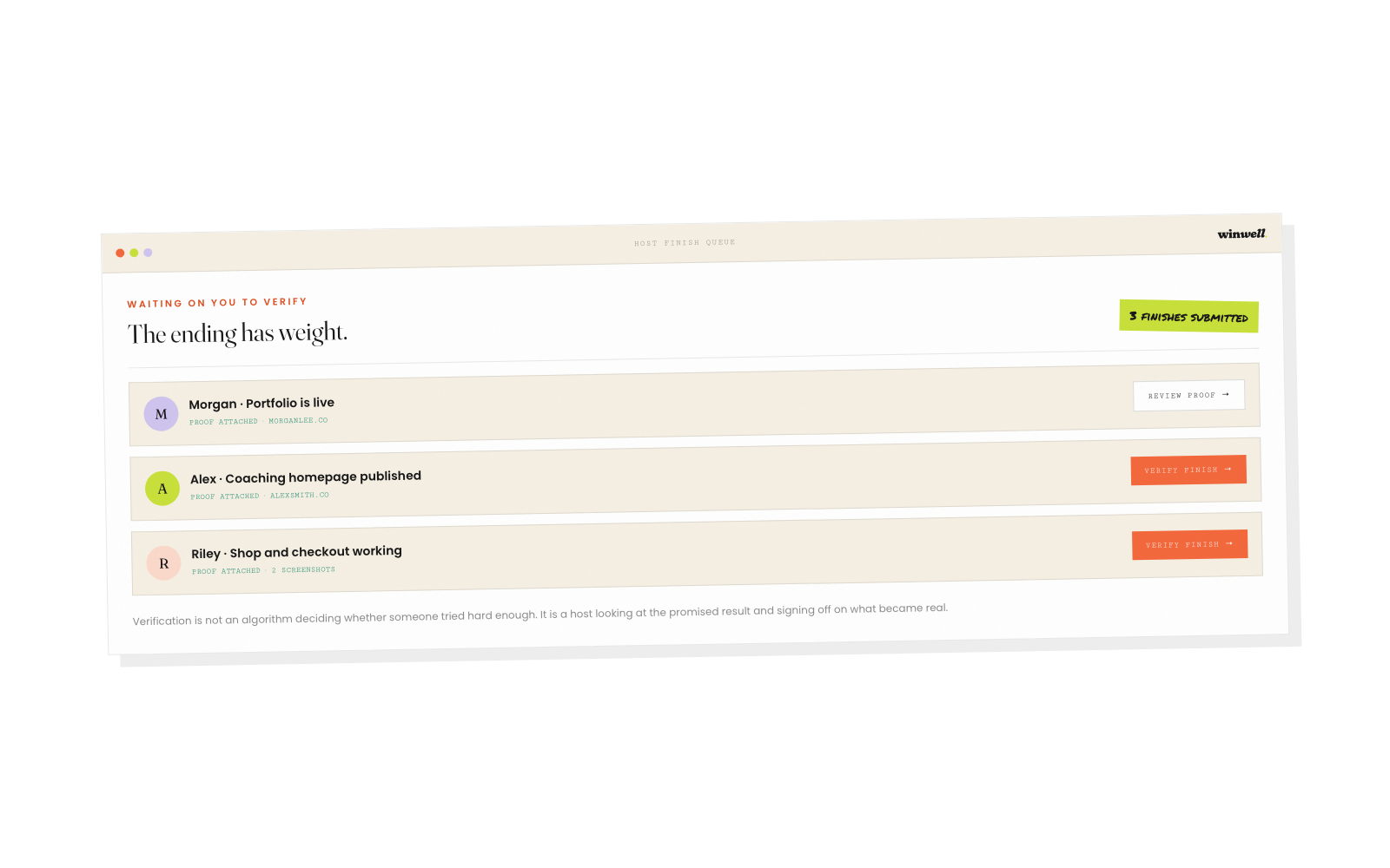Winwell host verification screen used to review proof and confirm completed goals